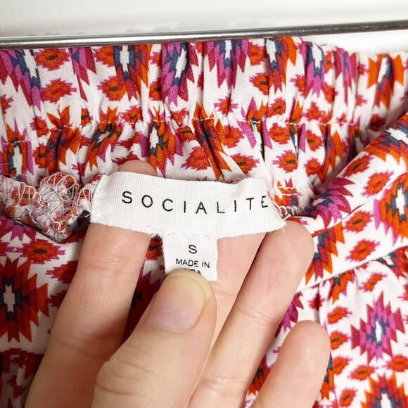 Socialite Womens Mini Skirt S Geometric Ikat Print Orange & Pink Pleated Pull On - Picture 4 of 5